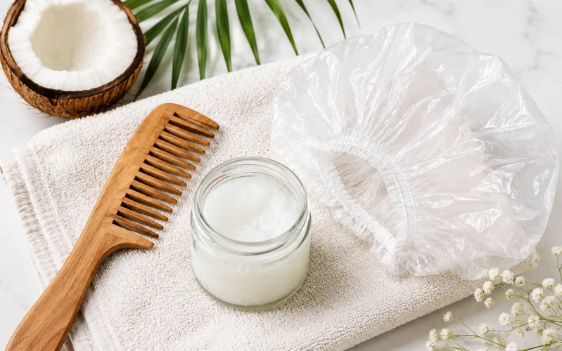 Dầu dừa nguyên chất, lược răng thưa và mũ trùm là những vật dụng cơ bản khi ủ tóc tại nhà