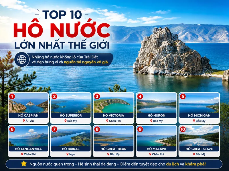 Hồ lớn nhất thế giới có thể được xếp hạng dựa trên diện tích bề mặt, thể tích nước hoặc độ sâu tối đa