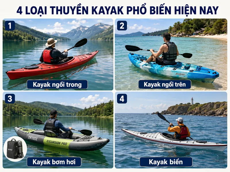 Các loại thuyền kayak được thiết kế khác nhau tùy theo môi trường sử dụng, từ hồ nước yên tĩnh đến sông và biển.
