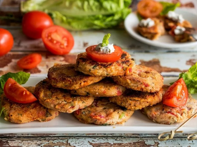 Món bánh cà chua chiên tomatokeftedes đặc trưng của ẩm thực Santorini